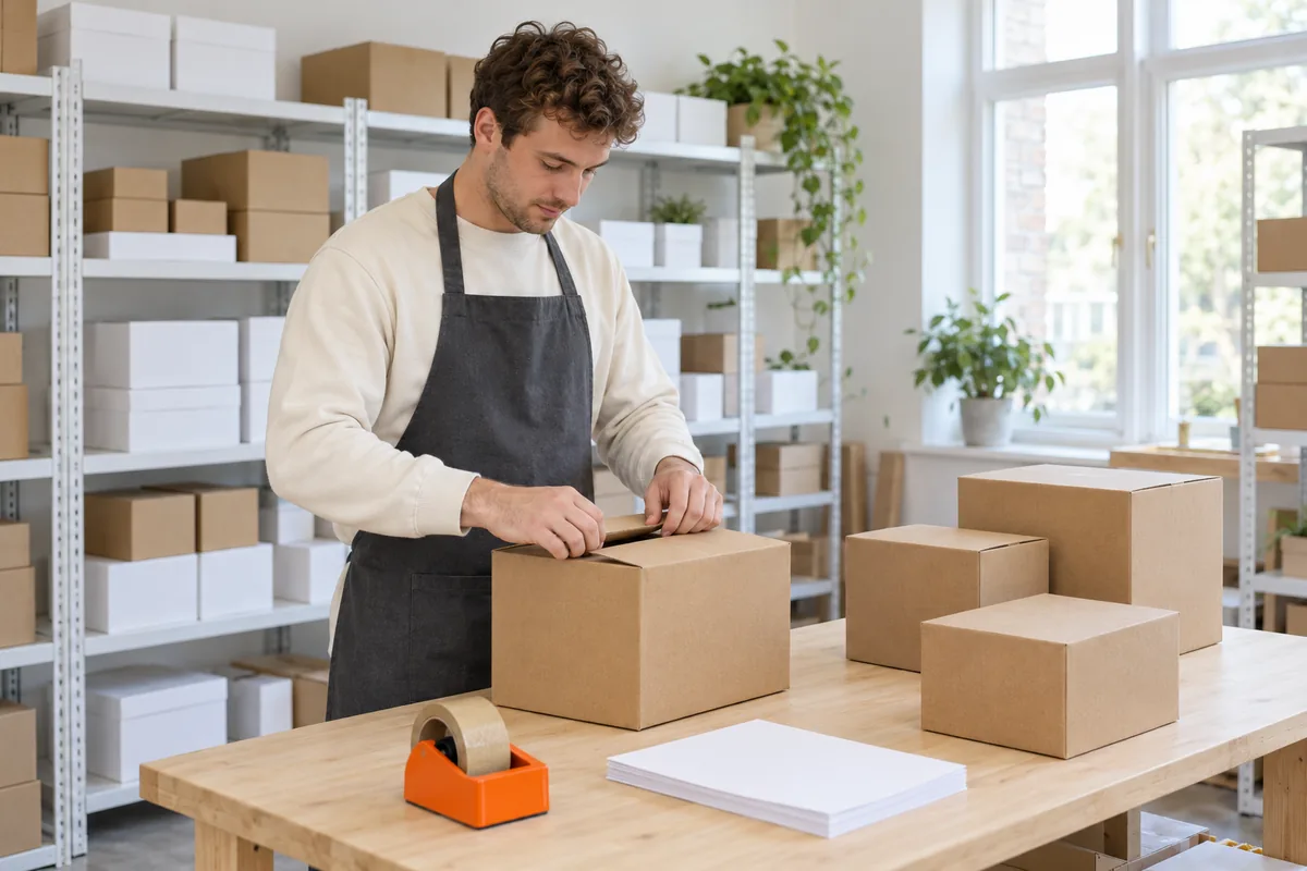 A man in a cream sweatshirt and grey apron folds the flaps of a plain cardboard box at a packing bench, with three more plain boxes on the bench and shelves of boxes behind him