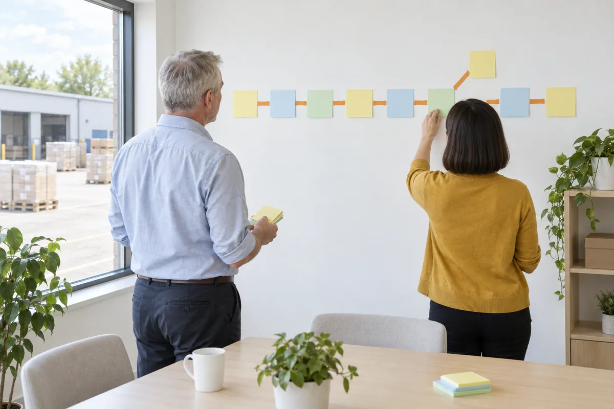 Seen from behind, a grey-haired man holds a stack of blank notes while a woman in a mustard cardigan presses one onto a white wall, where a row of coloured notes is joined by strips of orange tape
