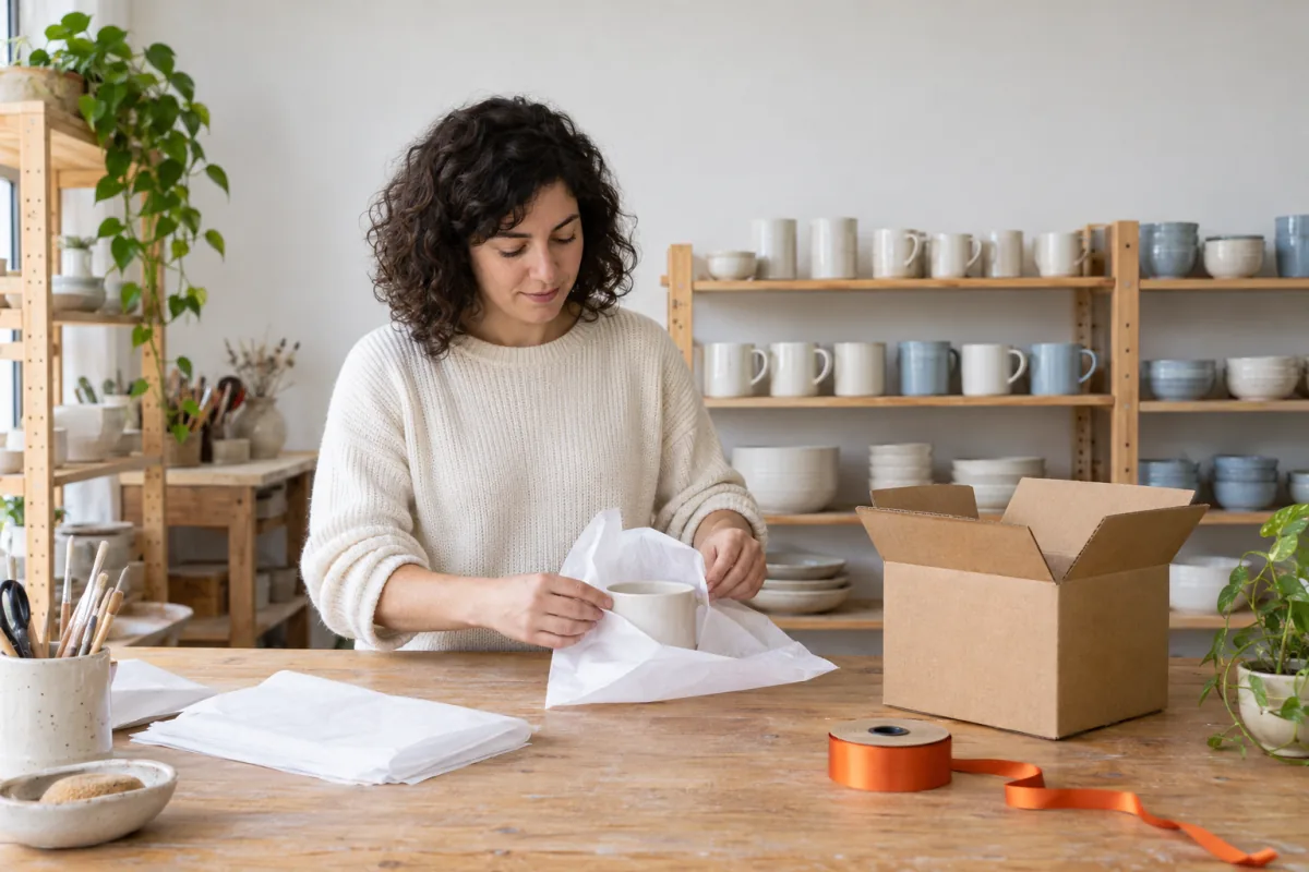 A woman with curly dark hair in a cream sweater wraps a white ceramic mug in tissue paper at a wooden table next to an open cardboard box and a spool of orange ribbon