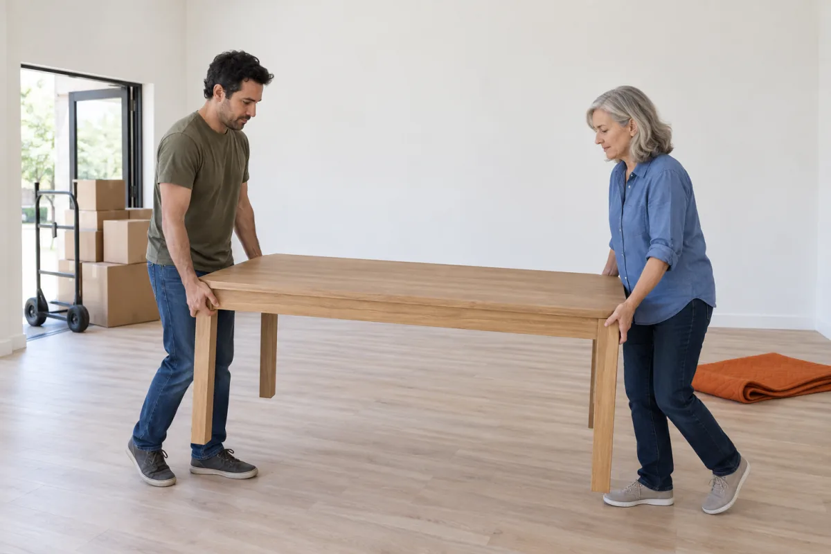A man in an olive t-shirt and a woman with silver hair in a blue shirt carry a wooden table across an empty room with white walls while cardboard boxes wait on a hand truck by the door