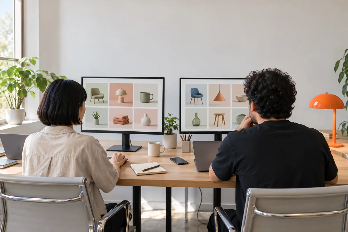 Seen from behind, a woman with a short black bob and a man with curly hair sit at a desk facing two monitors that show grids of simple product tiles, beside an orange desk lamp
