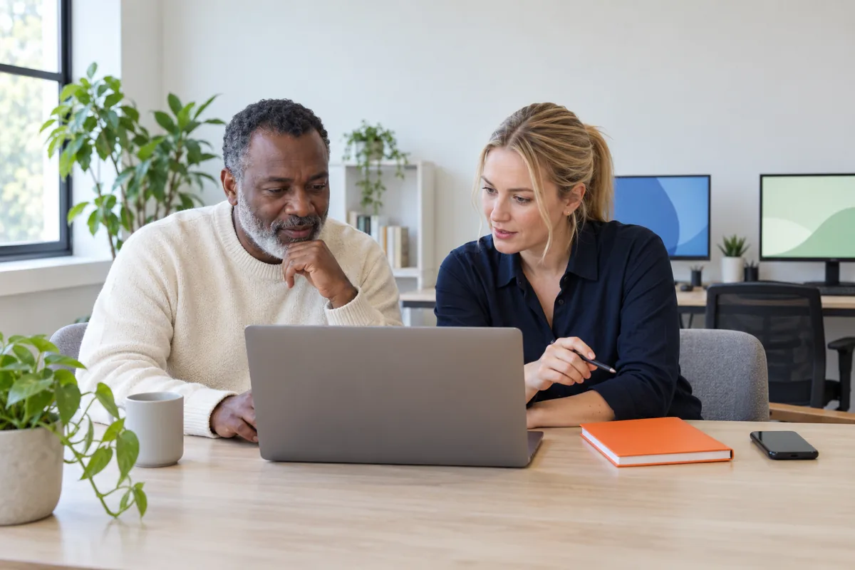 A man with a grey beard in a cream sweater and a woman with a blonde ponytail in a navy shirt look at an open laptop on a meeting table beside an orange notebook