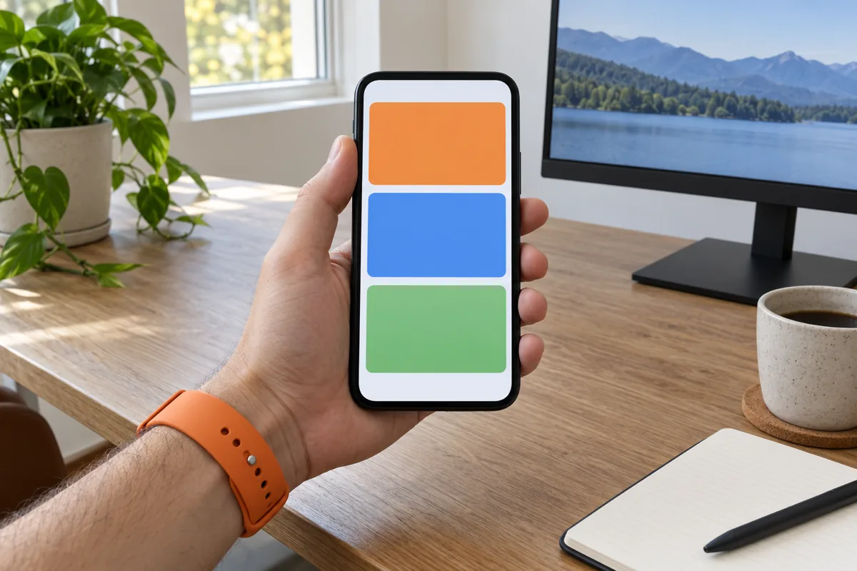 A hand wearing an orange watch strap holds a phone over a wooden desk, its screen showing three stacked coloured rectangles like a shop page
