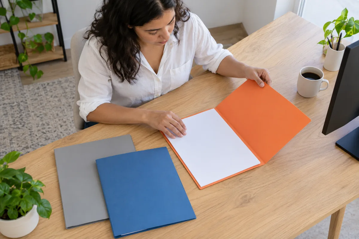 A woman in a white blouse opens an orange folder on an oak desk while a plain grey folder and a plain blue folder lie closed beside it