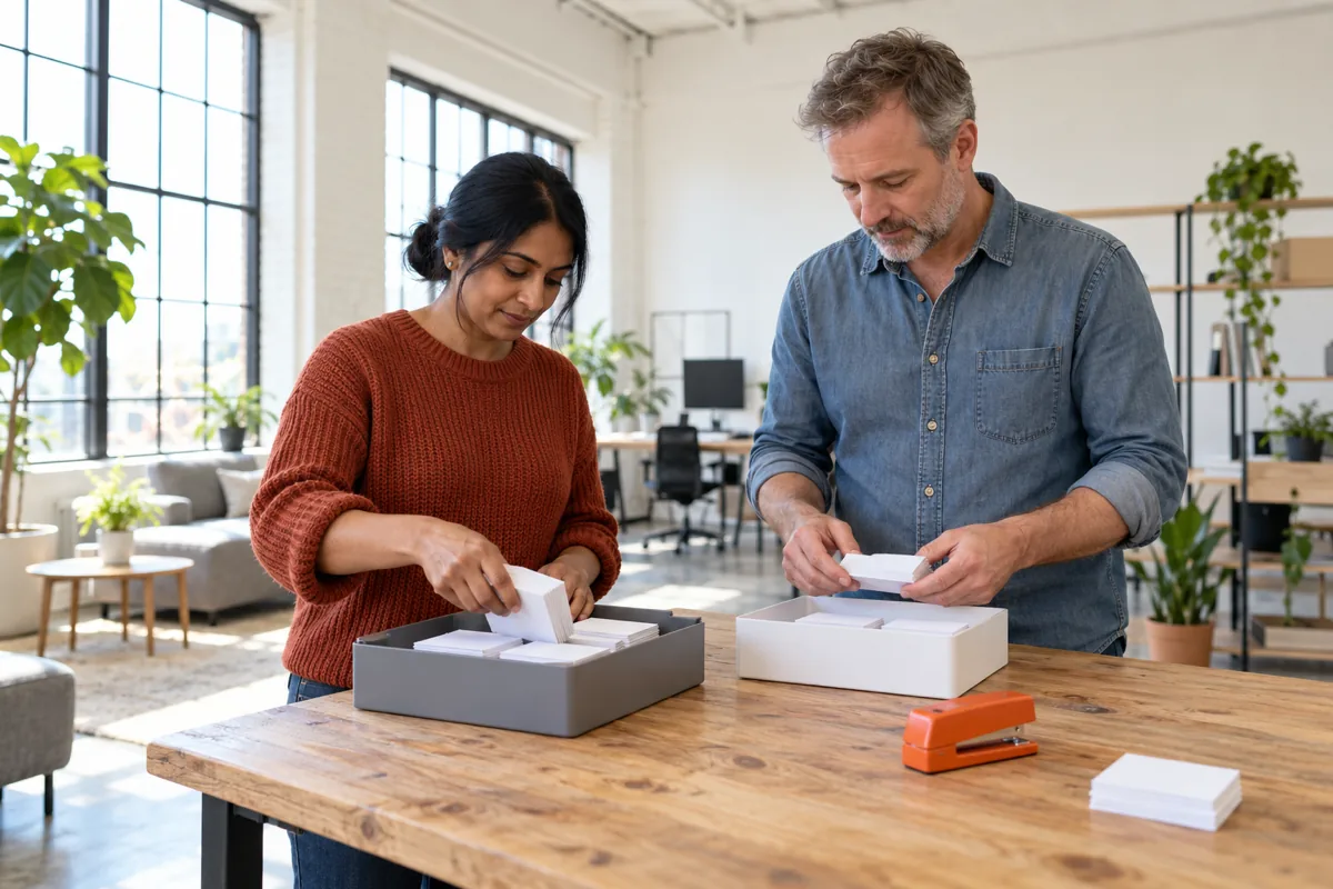 A woman in a rust knit sweater and a man in a denim shirt stand at a wooden table moving blank white cards from a grey tray into a white tray beside an orange stapler