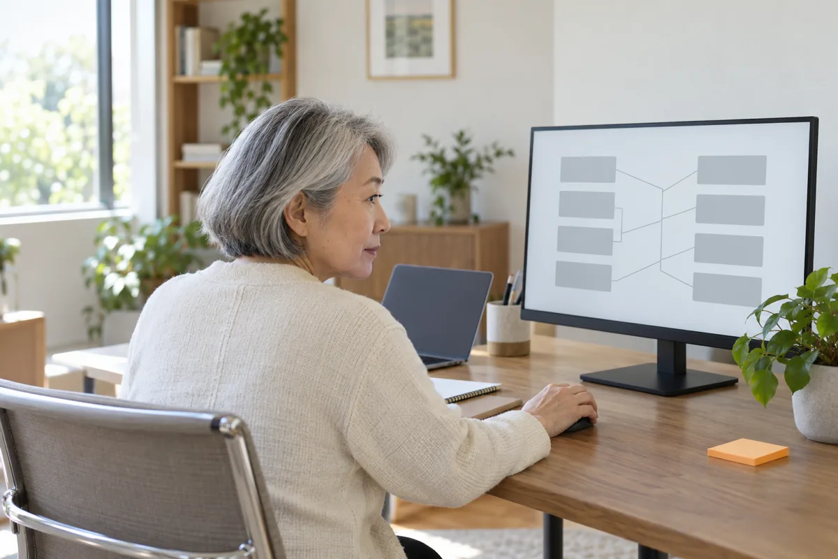 A woman with a short silver bob and a cream cardigan sits at a desk looking at a monitor showing two columns of grey boxes joined by thin lines, with an orange sticky note pad beside her