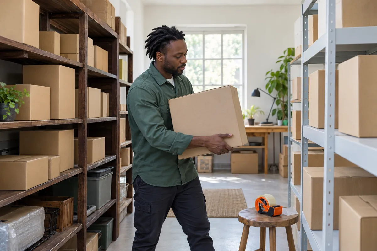 A man in a green work shirt carries a plain cardboard box from old dark wooden shelves toward new pale metal shelves, with an orange tape gun on a stool