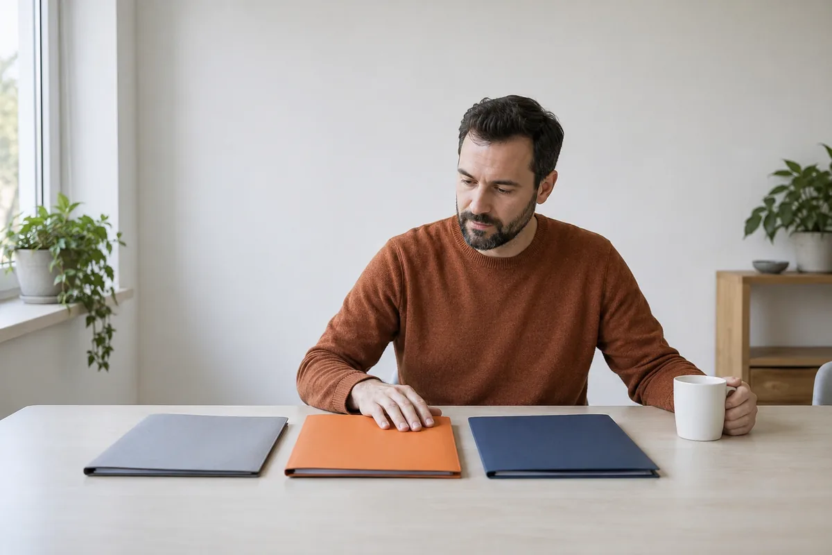 A bearded man in a rust jumper sits at a pale table and rests one hand on the middle of three closed folders, one grey, one orange and one dark blue, with a white mug beside him