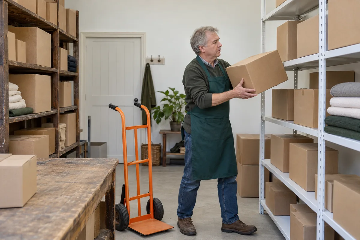 A grey-haired man in a green apron lifts a brown cardboard box onto white metal shelving in a stockroom, with older wooden shelves and an orange hand truck behind him