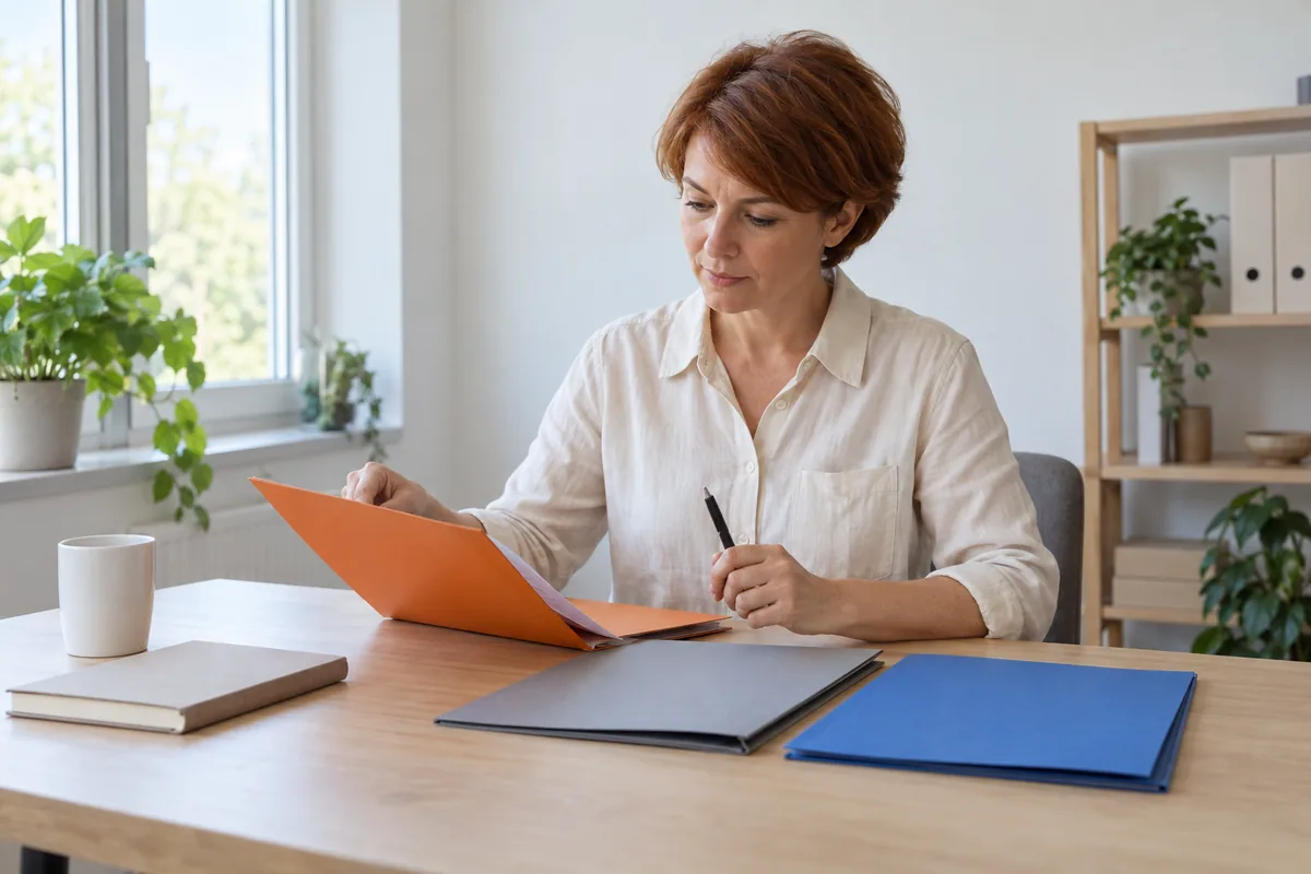 A woman at a wooden table opens an orange folder while a grey folder and a blue folder lie closed beside it