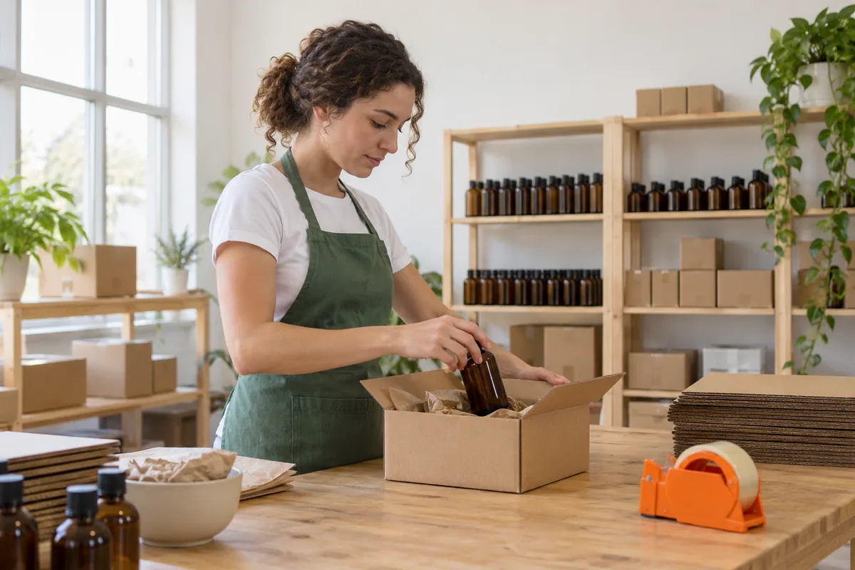 A woman in a green apron places a plain amber glass bottle into a cardboard box at a packing bench with shelves of amber bottles behind her