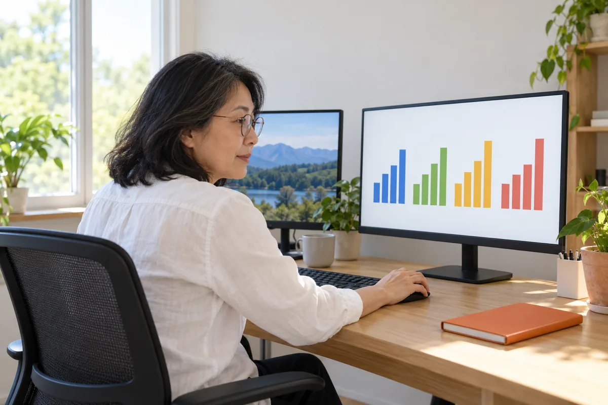 A woman with glasses and a white shirt sits at a desk looking at a monitor showing four groups of coloured bars, beside an orange notebook