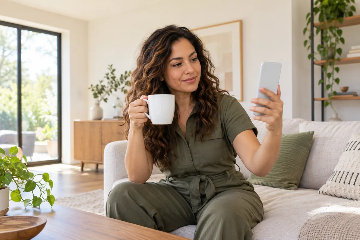 A woman with wavy brown hair in an olive jumpsuit sits on a sofa holding a plain white mug in one hand and a phone in the other