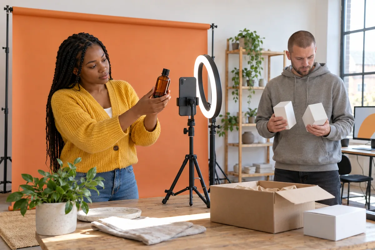 A woman in a yellow cardigan holds a plain amber bottle toward a phone on a tripod beside a ring light in front of an orange backdrop, while a man in a grey hoodie holds two white boxes