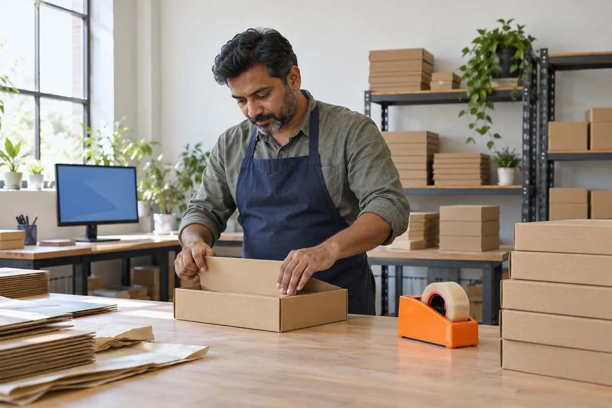 A man with a short beard in a navy apron folds a plain brown mailer box at a packing bench with stacked boxes behind him and an orange tape dispenser beside him