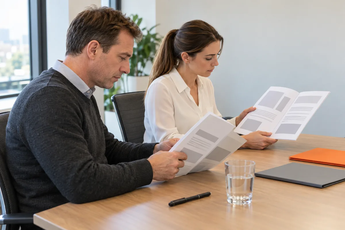 A man with short brown hair in a charcoal sweater and a woman with a brown ponytail in a white blouse each read a printed proposal at a meeting table, with a grey folder, an orange folder and a glass of water beside them.