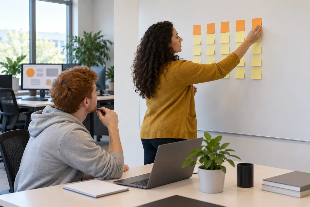 A woman with long dark curly hair in a mustard cardigan sticks an orange note at the top of the fifth of five columns of blank sticky notes on a white board, while a red-haired man in a grey hoodie watches from a desk.