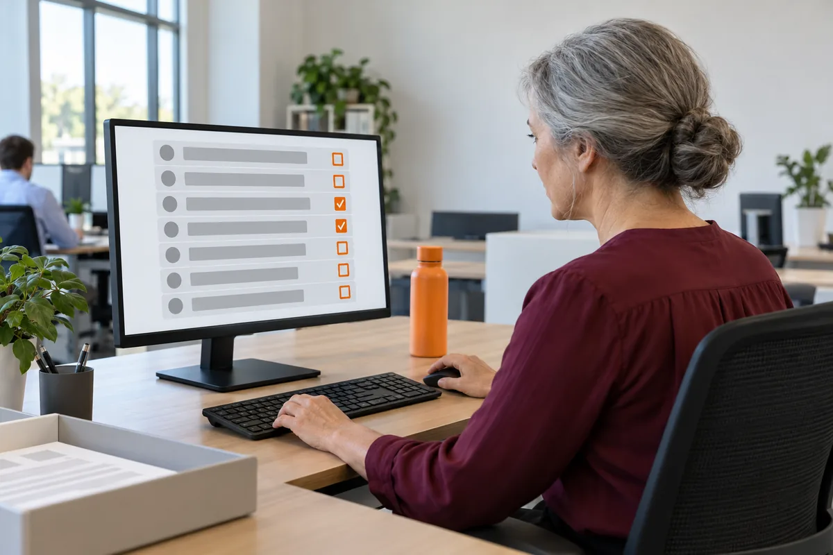 A woman with grey hair in a low bun and a burgundy blouse works at a monitor showing a list of grey rows, each ending in an orange box, two of them ticked, with an orange water bottle on the desk.