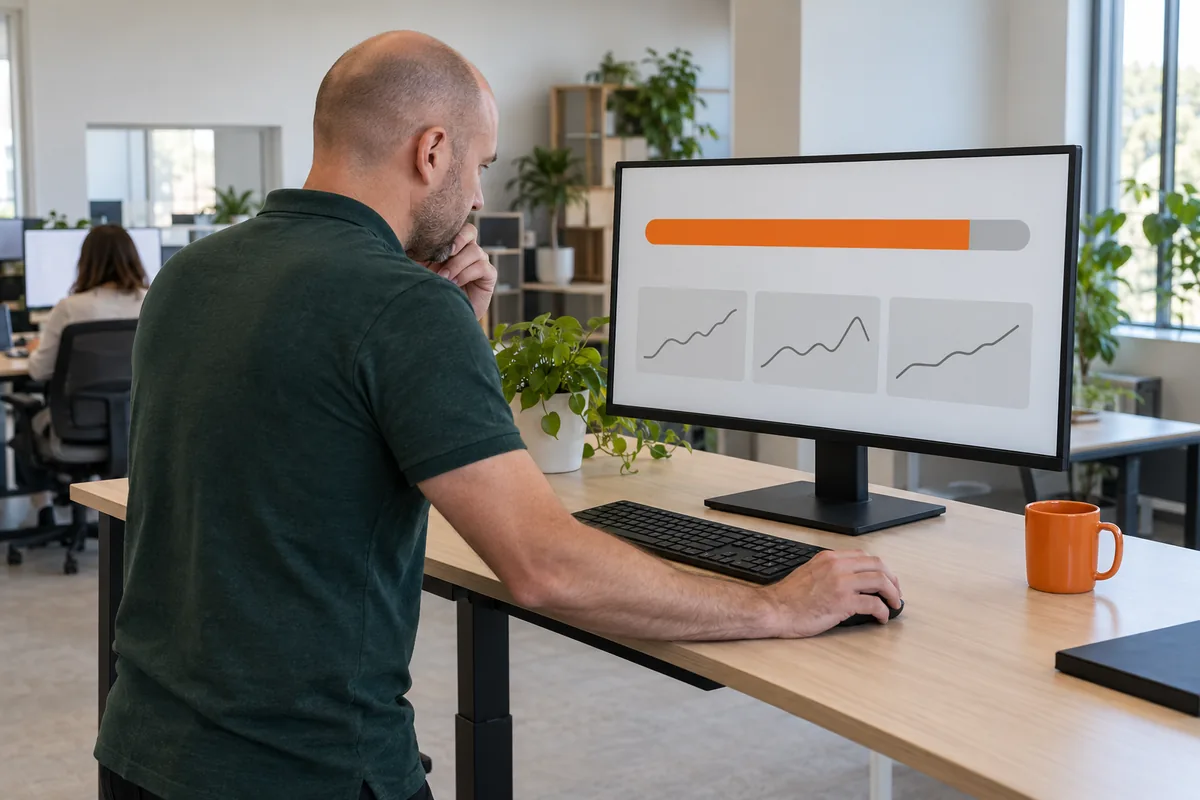 A man with a shaved head in a dark green polo shirt stands at a desk studying a monitor with a long orange bar almost full and three small grey line charts, an orange mug beside him.