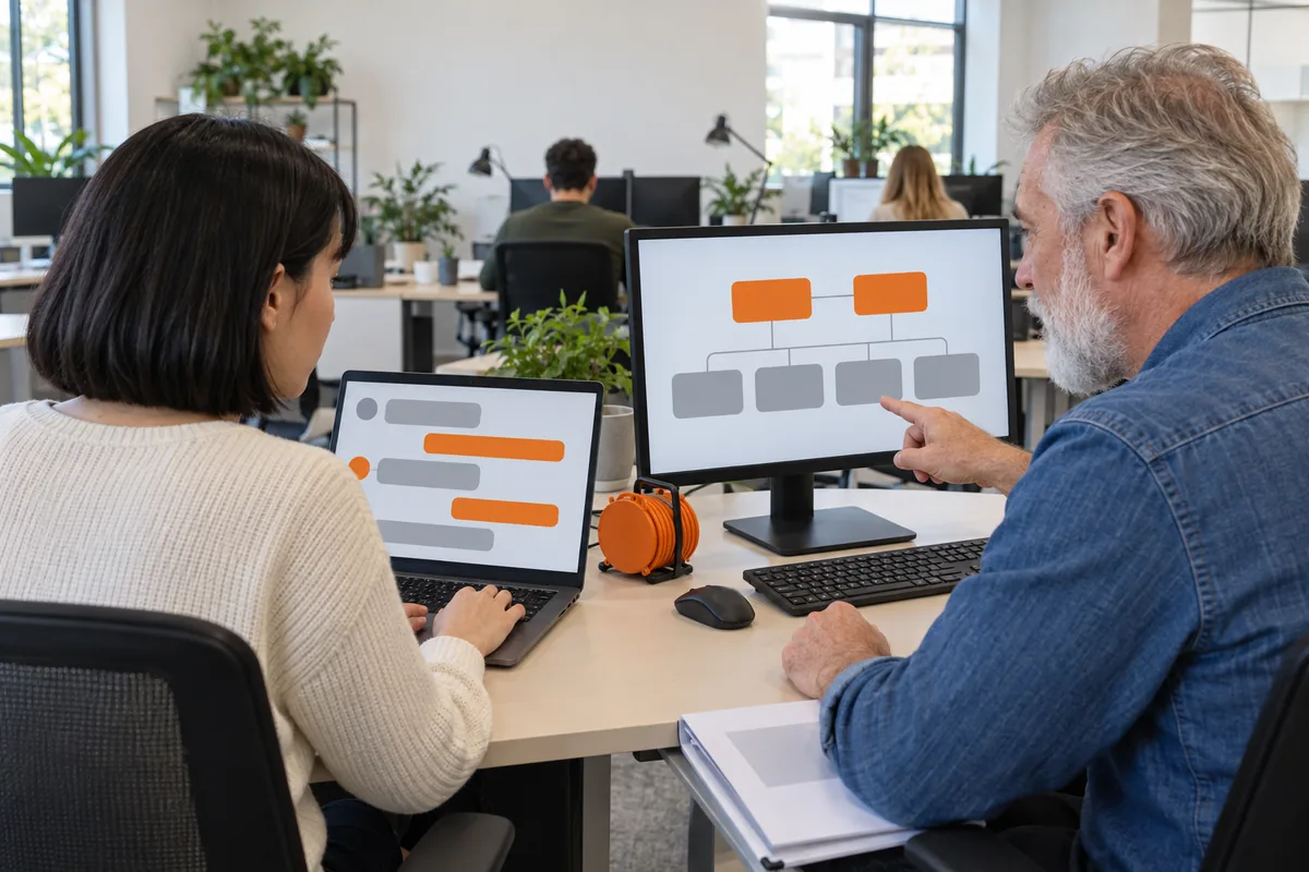 A woman with a black bob in a cream sweater types on a laptop showing grey and orange chat bubbles while a white-bearded man in a denim shirt points at a second monitor showing orange boxes linked to four grey boxes, an orange cable reel on the desk.