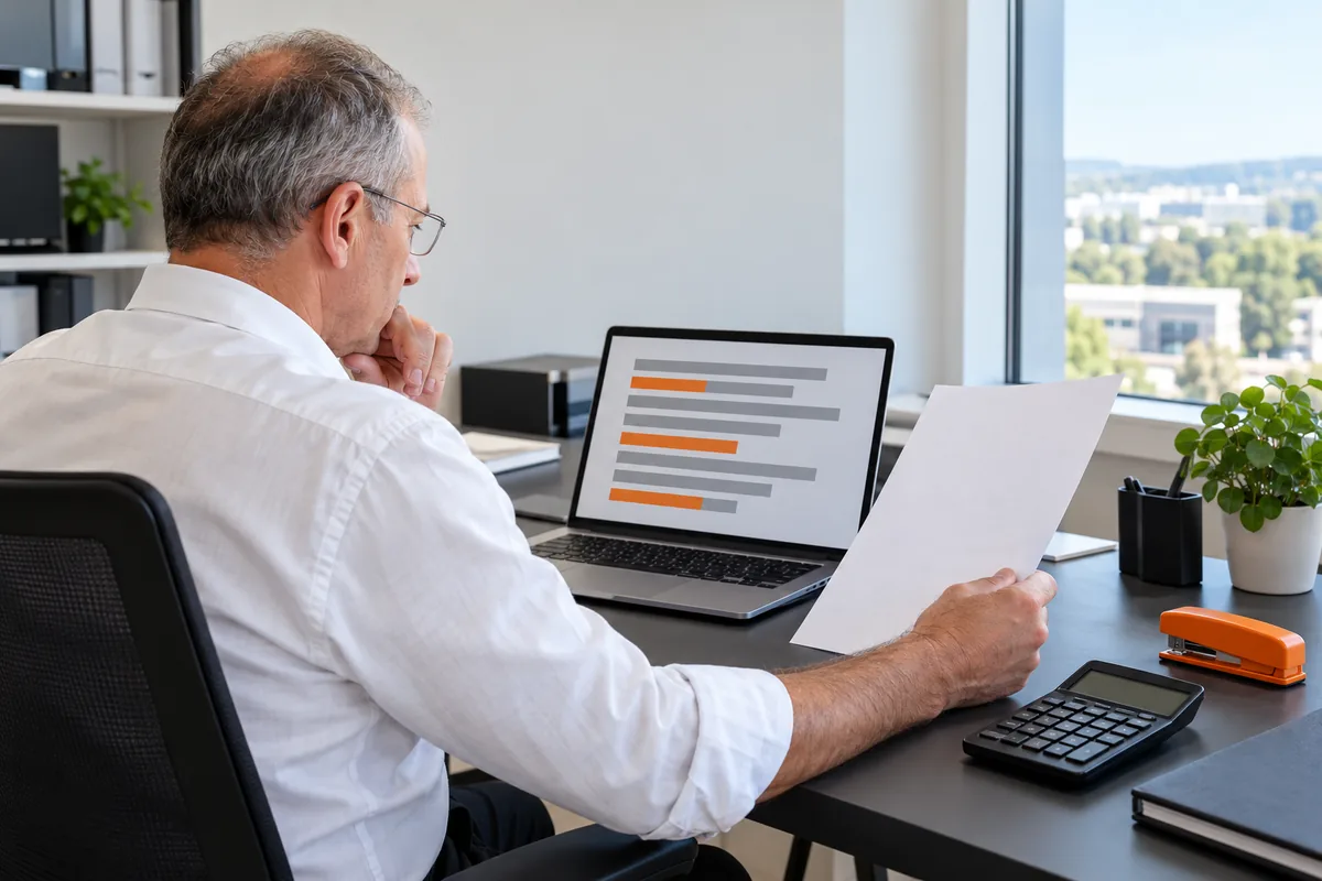 A grey-haired man in glasses and a white shirt holds a printed sheet beside a laptop showing grey bars with three orange bars, with a black calculator and an orange stapler on the desk.