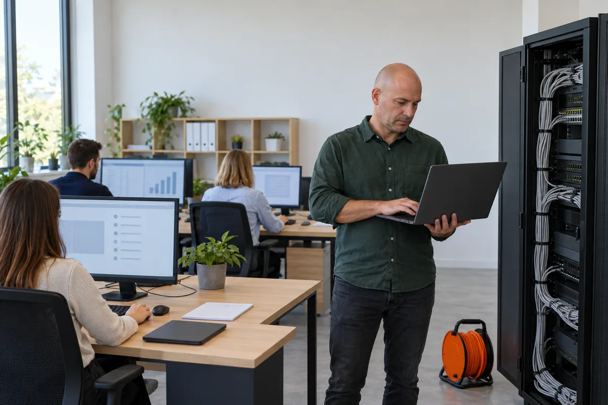 A bald man in a dark green shirt checks a laptop beside an open black network rack with neatly bundled grey cables, an orange cable reel on the floor.