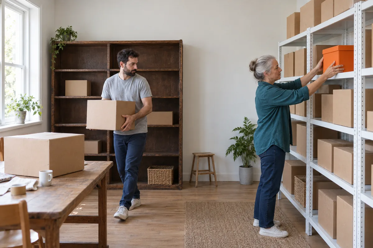 A man in a grey t-shirt carries a plain brown box away from a dark wooden shelving unit while a woman in a teal overshirt places an orange box on new white metal shelves filled with plain brown boxes