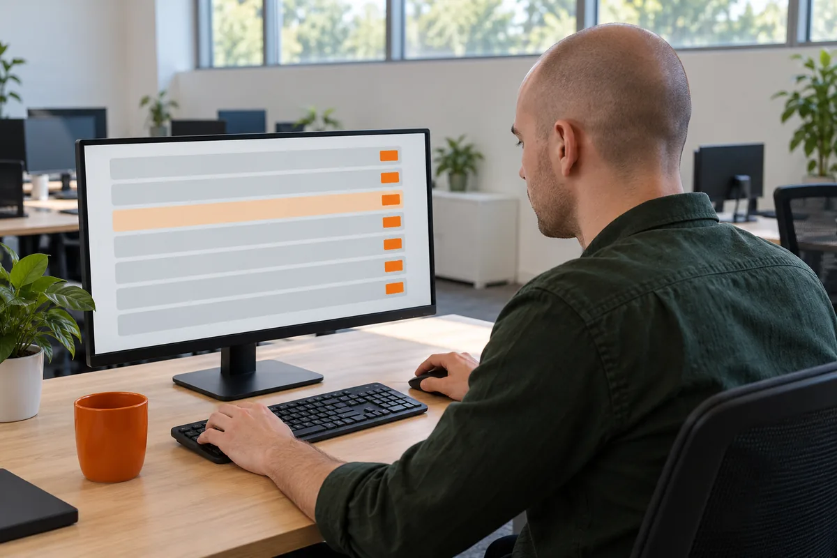 A man with a shaved head in a dark green overshirt reviews a queue of grey rows with small orange buttons on a monitor, an orange mug beside his keyboard.