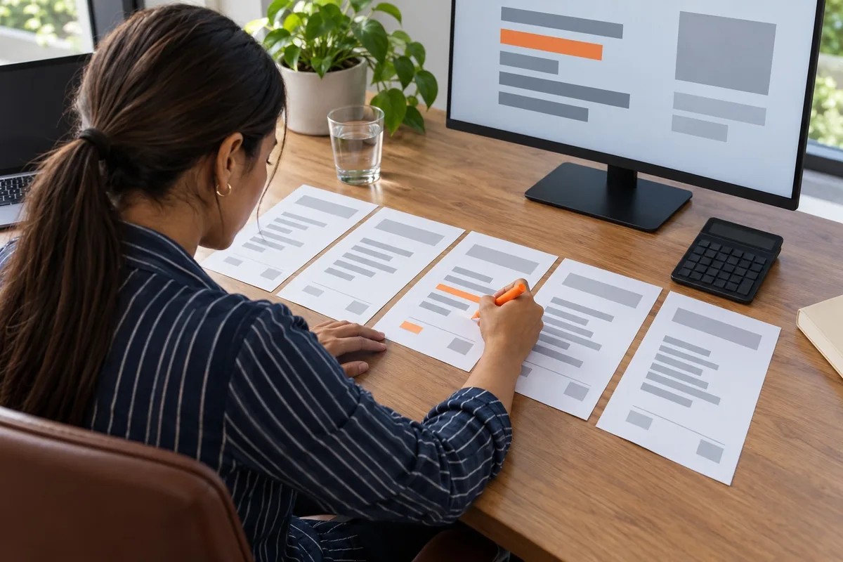 A finance lead in a navy striped shirt marks one of five printed cost estimates laid side by side on a wooden desk with an orange highlighter, a black calculator beside them.