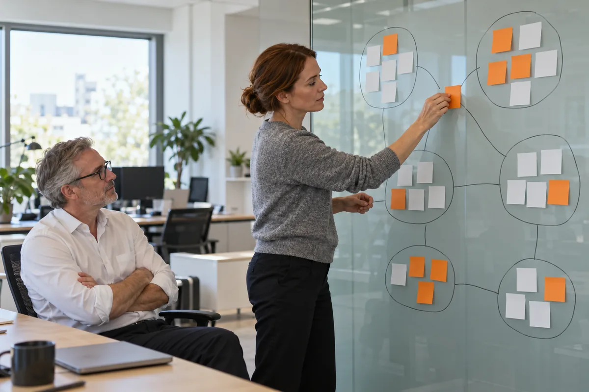 A woman with auburn hair in a grey sweater places a blank orange sticky note on a glass wall map of white and orange notes joined by grey lines, while a grey-haired man in glasses watches.