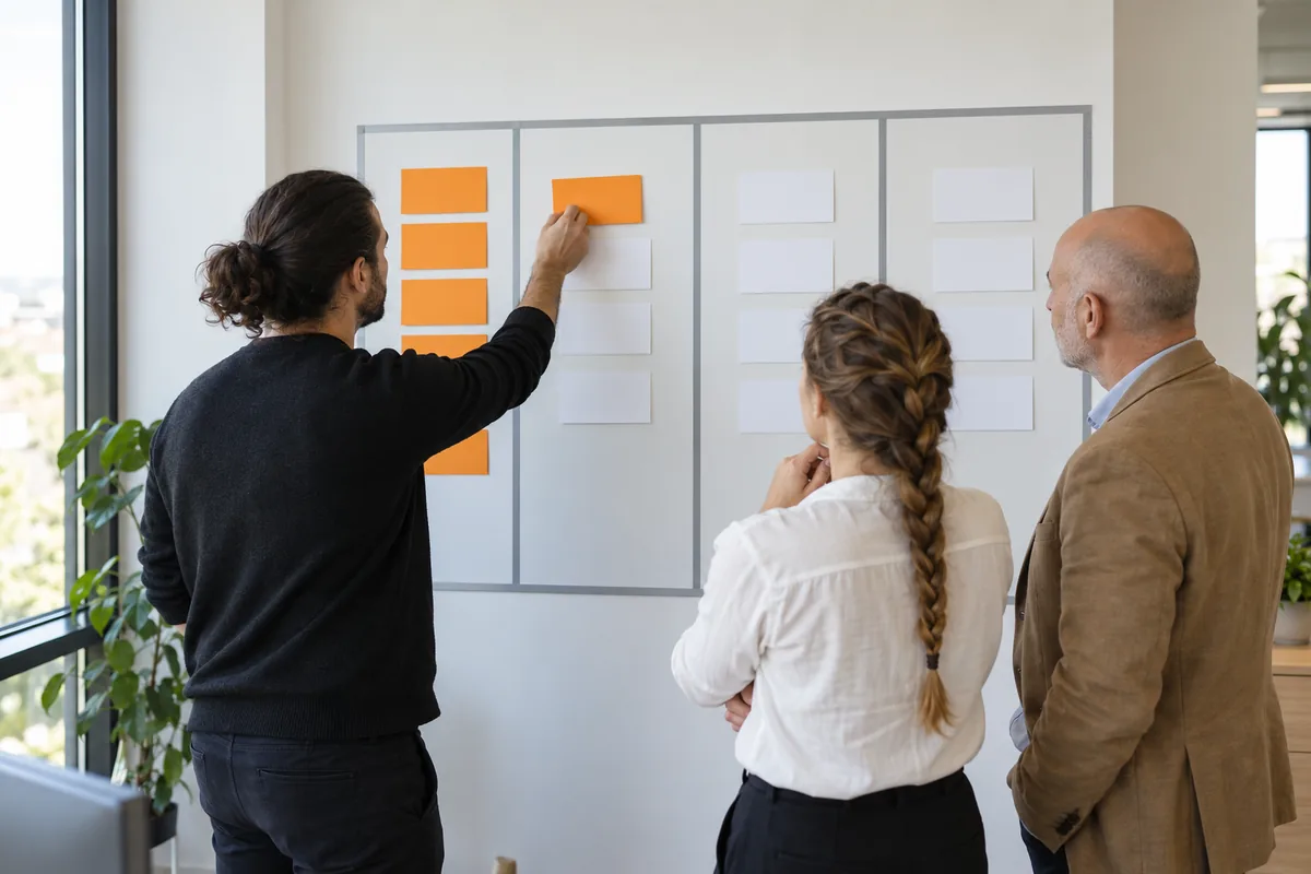 Three colleagues stand at a wall board split into four columns by grey tape, where a man with a dark ponytail moves a blank orange card from the first column into the second.