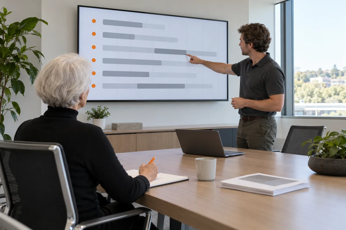 A woman with short white hair in a black turtleneck watches a wall display of grey rows with orange dots while a man in a charcoal polo points at one row, an orange pen in her hand.