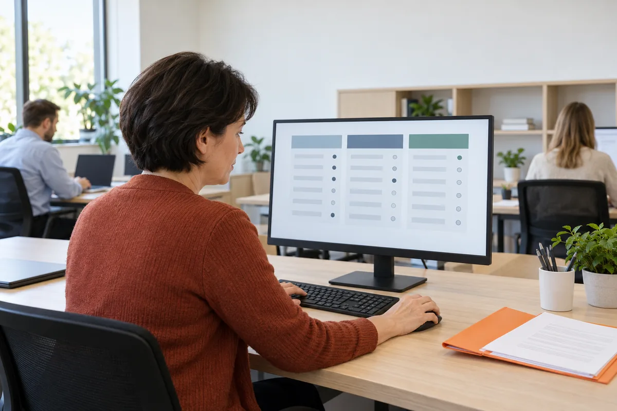 Seen over her shoulder, a woman with short dark hair in a rust cardigan reviews a monitor showing a three-column comparison table, an orange folder beside her keyboard.