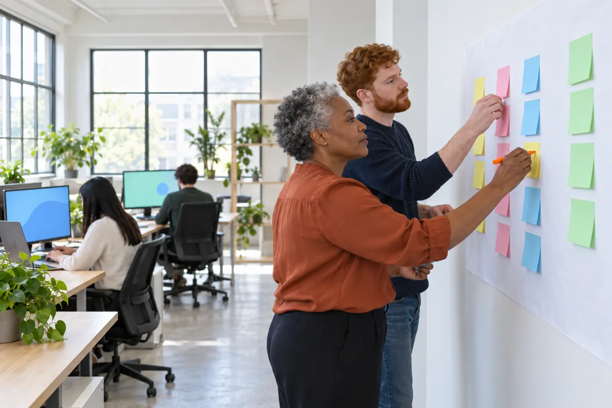 A woman with short grey hair in a rust blouse and a man with a red beard in a navy sweater stick coloured notes in columns on a long sheet of paper on an office wall