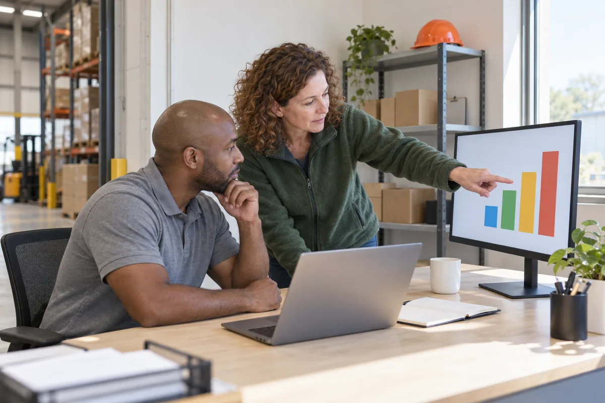 A woman with curly brown hair in a green fleece points at a monitor showing rising coloured bars while a man in a grey polo shirt watches, in a warehouse office with an orange hard hat on a shelf