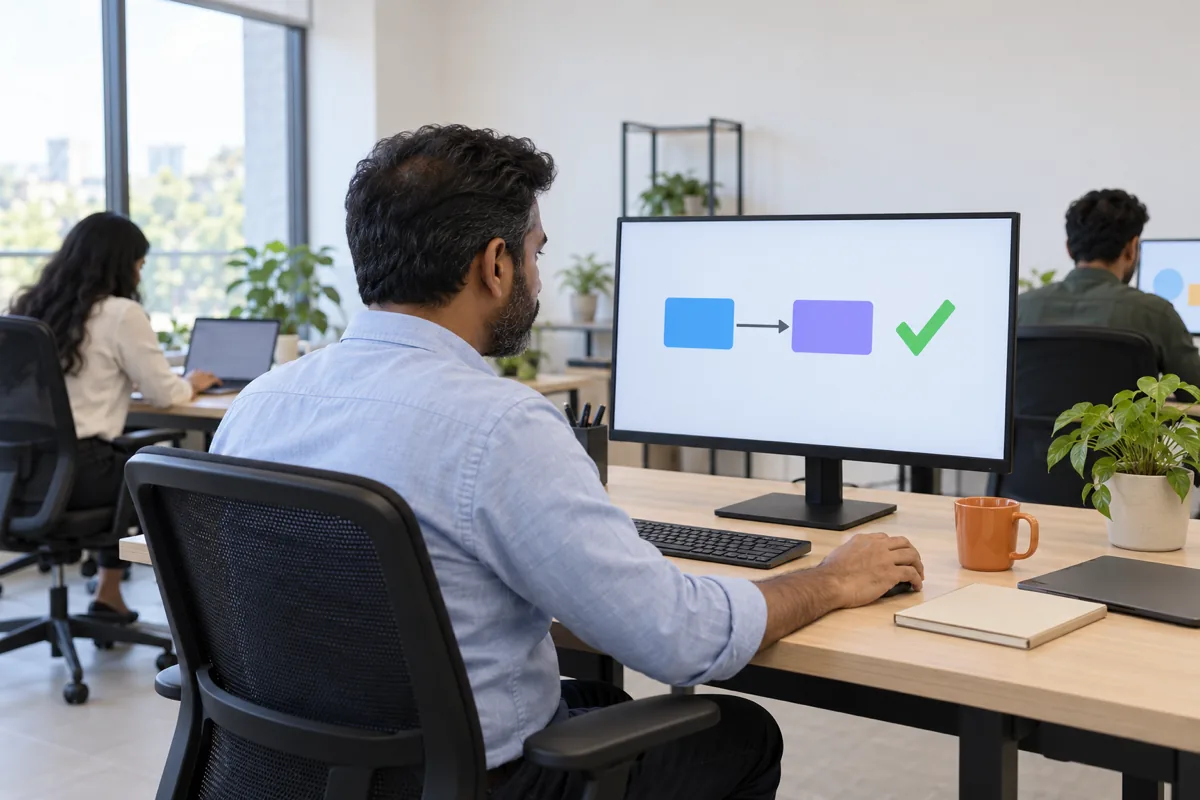 A man with a beard in a light blue shirt sits at a desk looking at a monitor that shows two boxes joined by an arrow and a green tick, beside an orange mug