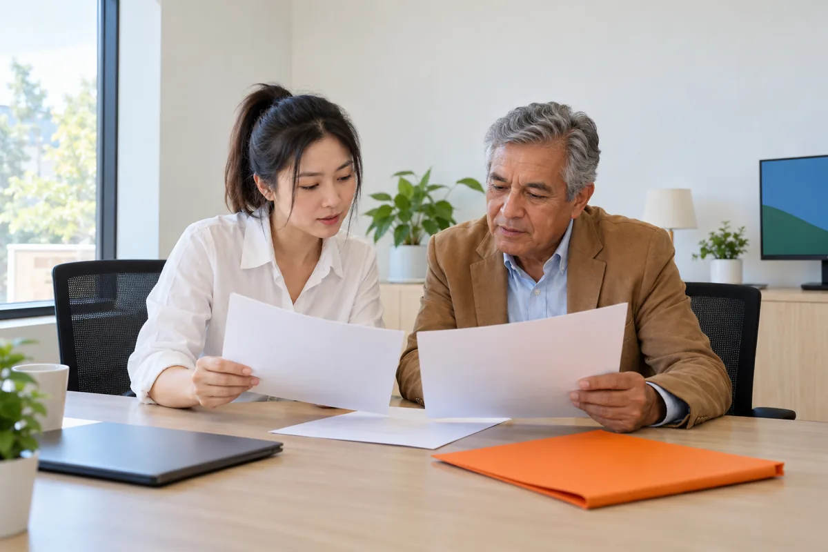 A woman with a high ponytail in a white shirt and a man with grey hair in a camel jacket read printed pages at a meeting table beside an orange folder
