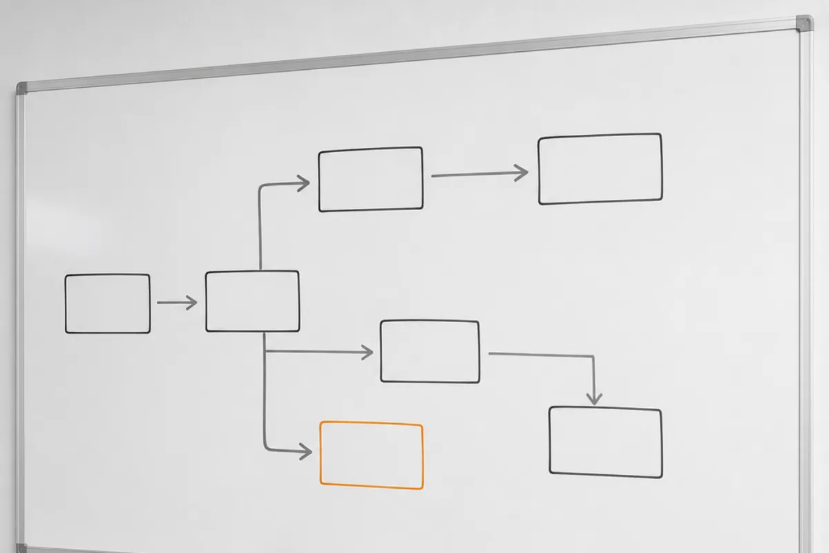 A whiteboard showing a branching AI agent workflow drawn as connected boxes and arrows, with one box highlighted in orange for the human hand-off