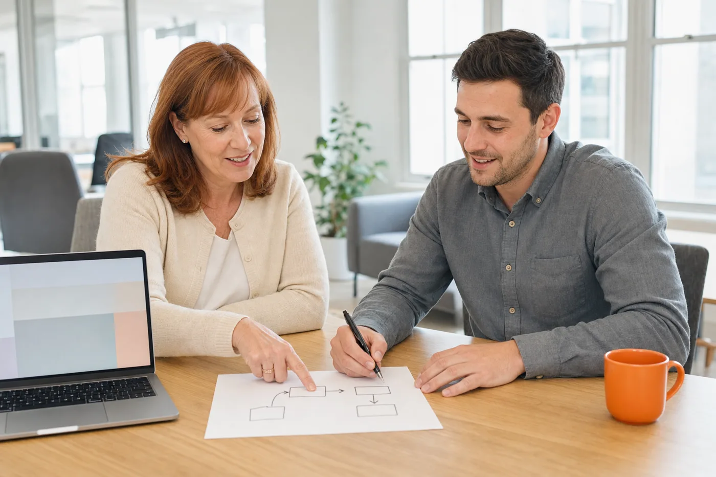 A UK small business owner and a developer at a laptop, sketching an AI agent workflow of boxes and arrows on paper
