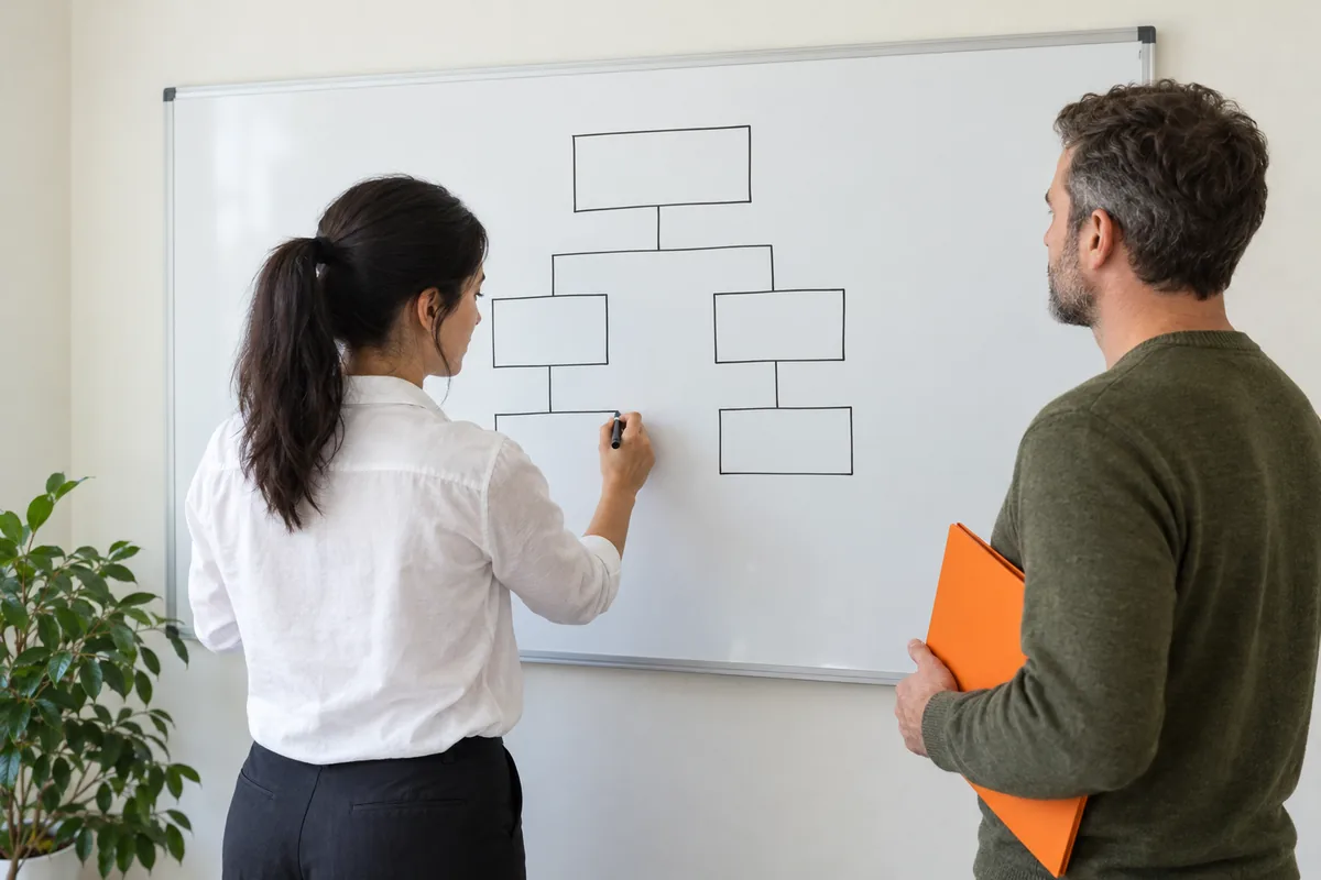 A woman with a black ponytail in a white shirt draws empty boxes joined by lines on a whiteboard while a bearded man in an olive sweater watches, holding an orange folder.