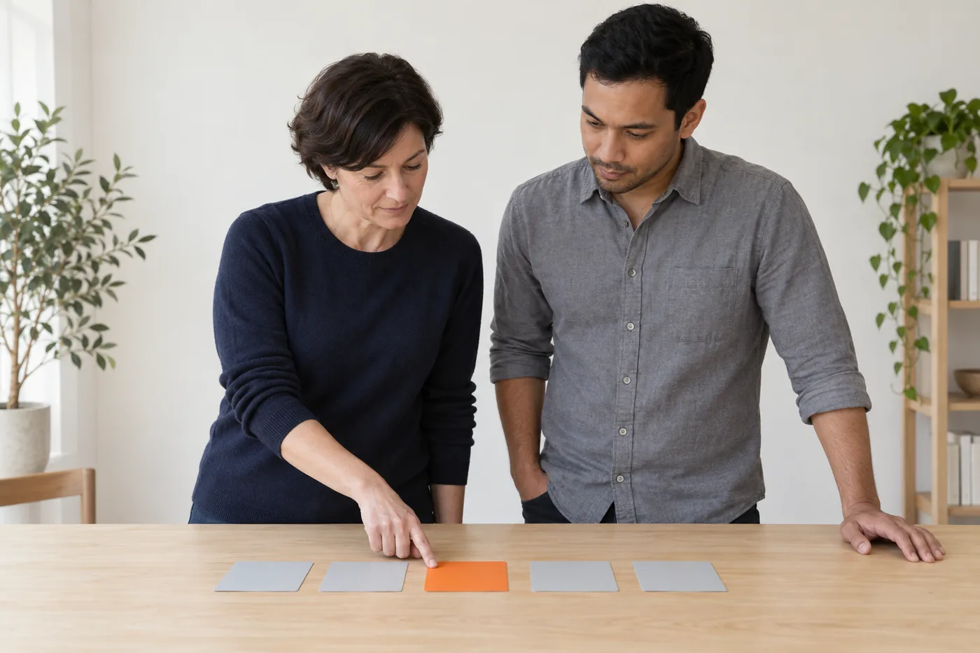A woman in a navy sweater and a man in a gray shirt stand at a wooden table looking down at five blank cards in a row, four gray and one orange, as she touches the orange card.