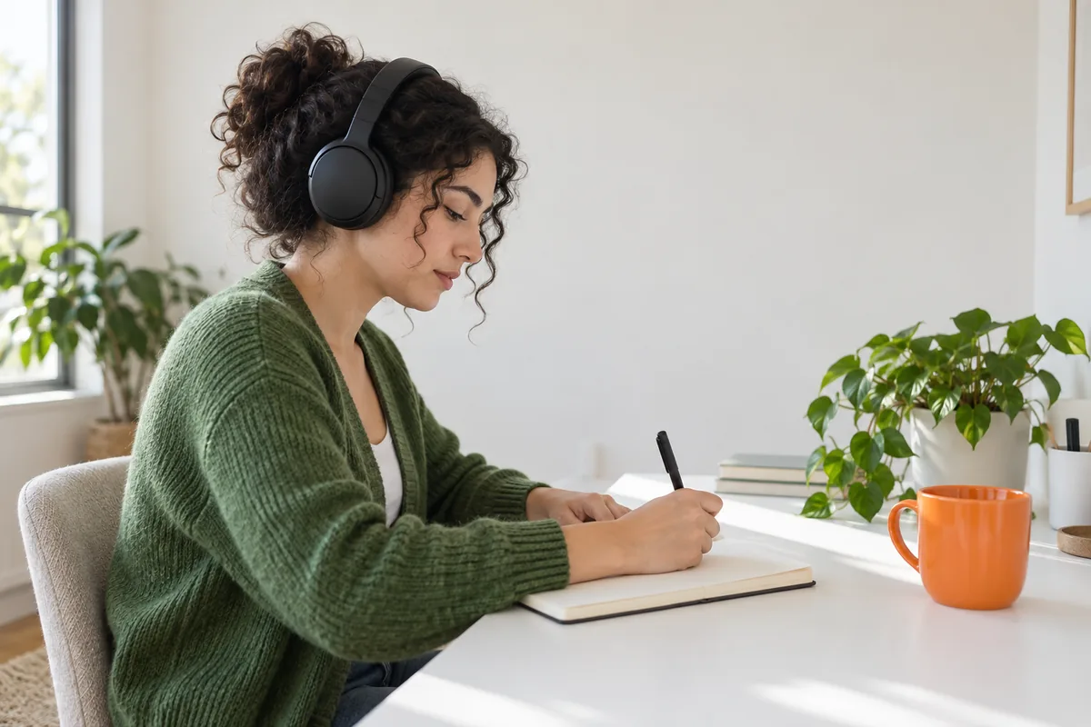 A woman with curly dark hair in a green cardigan sits at a white desk wearing black headphones and writing in a paper notebook, with an orange mug and a green plant beside her.