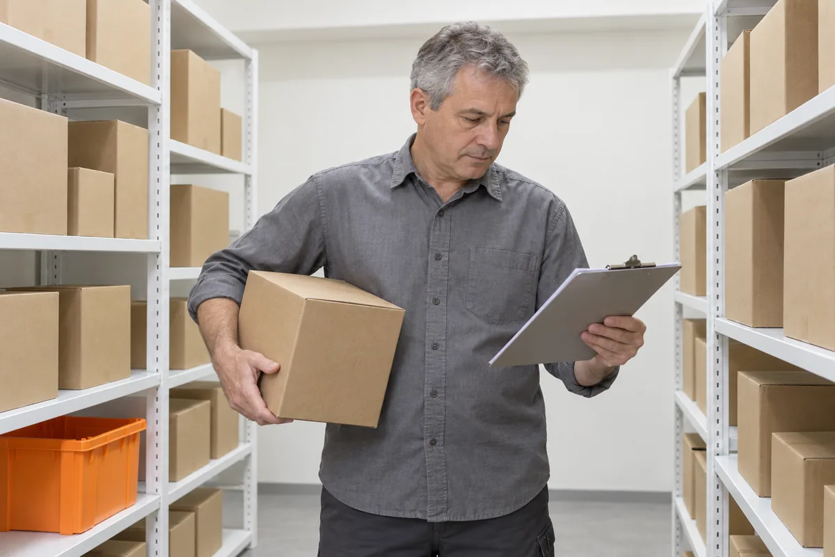 A gray-haired man in a gray work shirt stands between white stock room shelves holding a plain cardboard box under one arm and reading a clipboard, with an orange crate on a low shelf.