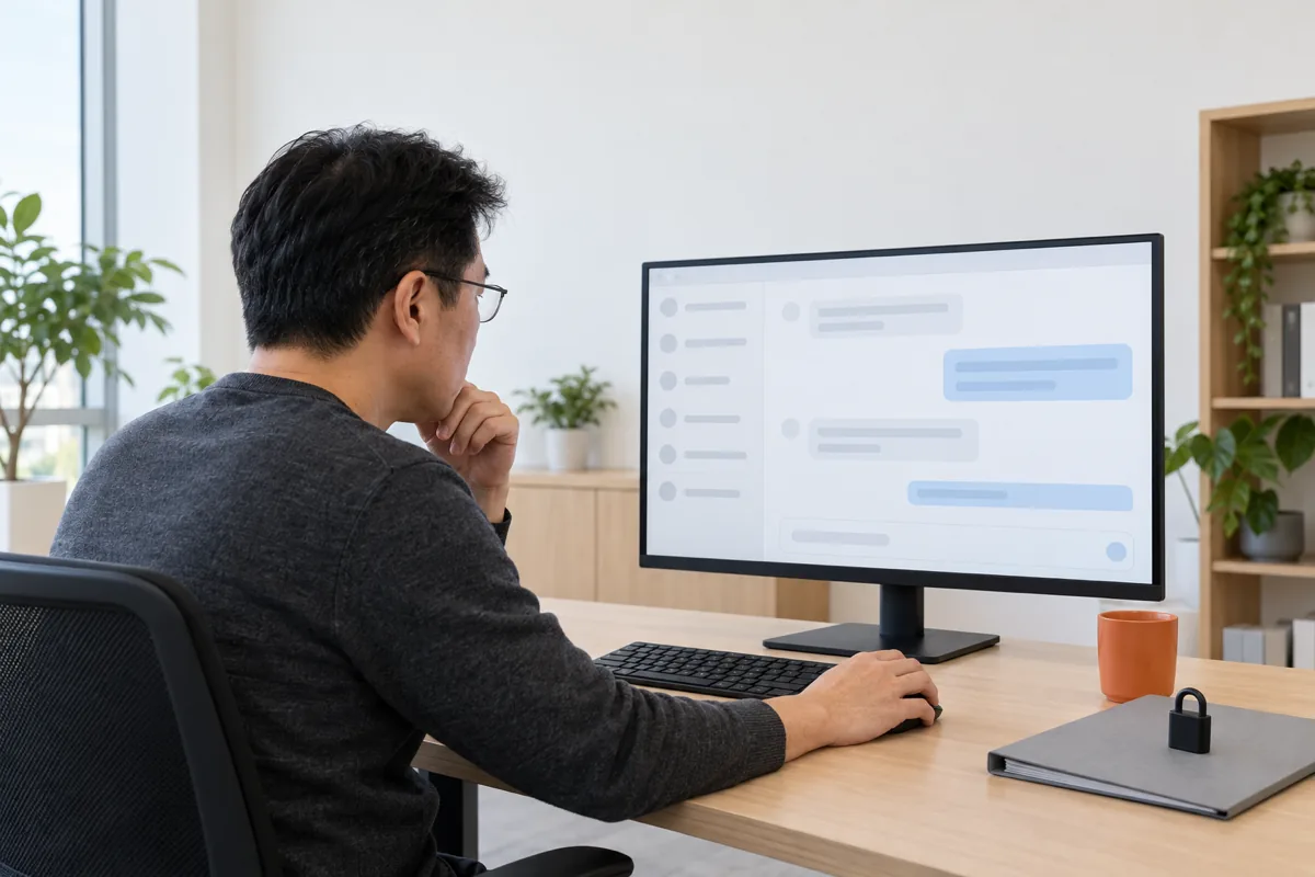 Seen over his shoulder, a man in his 40s with black hair and glasses in a charcoal sweater reads a chat screen on a monitor, with a grey folder and a small black padlock beside his keyboard.