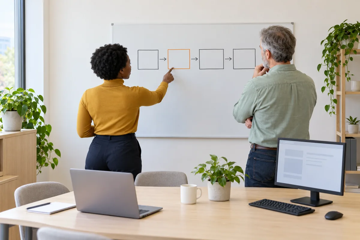 Seen from behind, a woman in a mustard turtleneck points at the second of four boxes drawn on a whiteboard, outlined in orange, while a grey-bearded man in a green shirt watches.