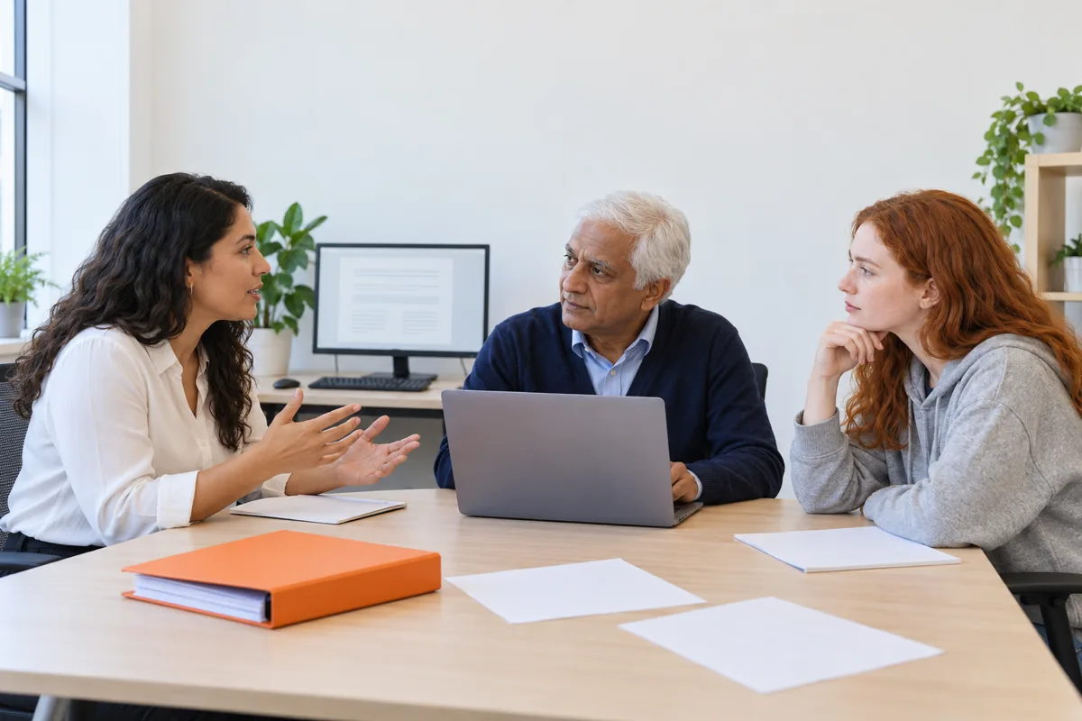 Three colleagues talk at a pale wood table: a woman with dark wavy hair in a white blouse, a white-haired man in a navy cardigan behind a laptop, and a red-haired woman in a grey hoodie, with an orange binder on the table.