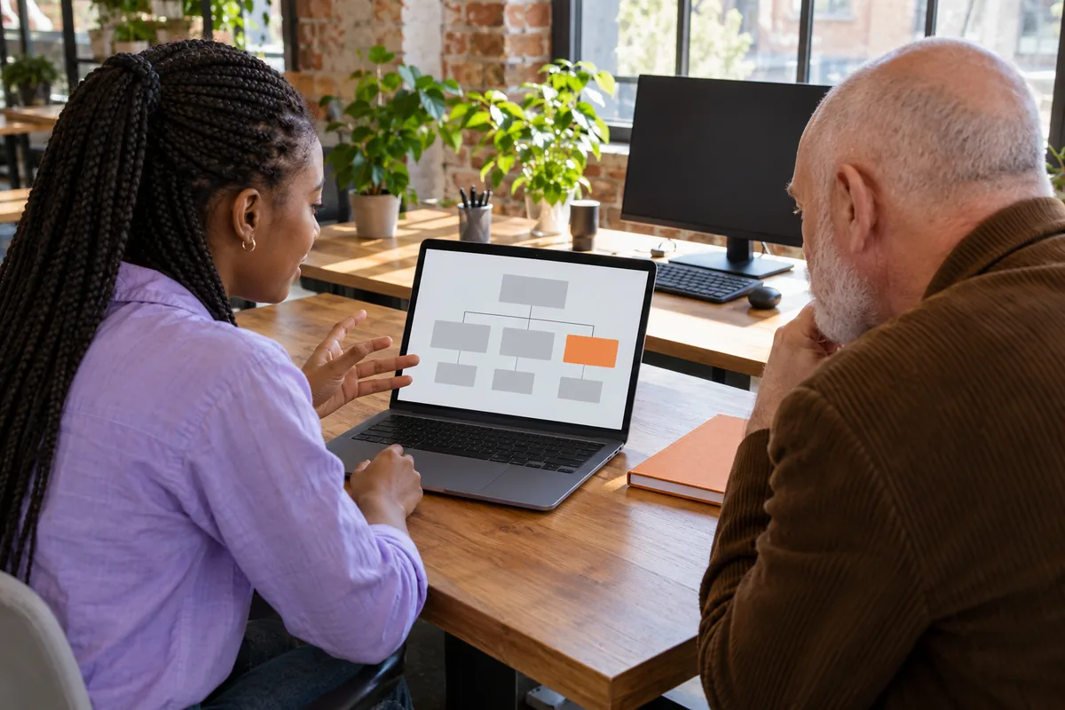 A woman with long braids in a lavender shirt shows a bald man with a white beard in a brown corduroy jacket a chart of grey boxes with one orange box on a laptop.