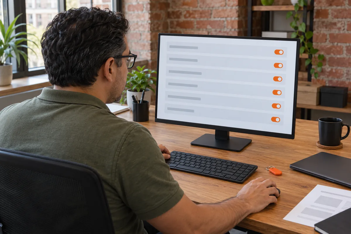 Seen from behind, a man with dark wavy hair and glasses in an olive polo shirt reviews a list of accounts with orange toggles on a monitor, an orange key fob on his desk.