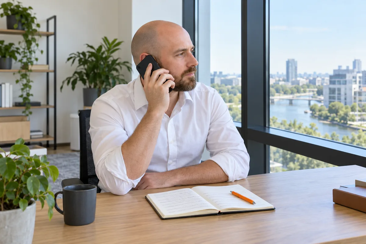 A bearded man with a shaved head in a white shirt listens on a phone by an office window, an open notepad and an orange pen on the desk.