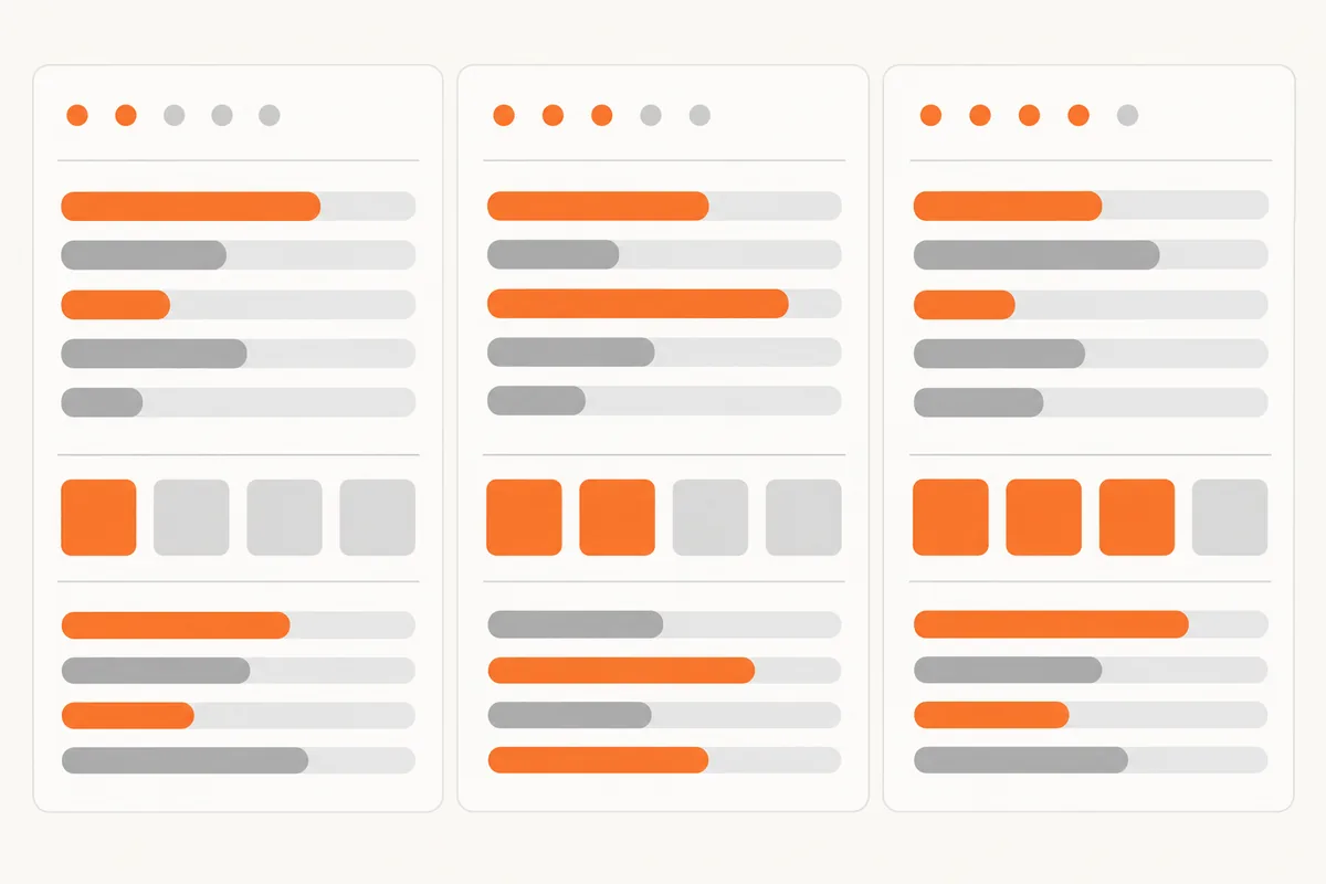 Three scorecard columns of grey and orange bars and boxes on a cream background, one column for each AI development company being compared.